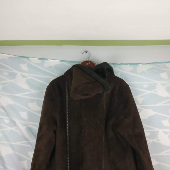 Hooded Natural Suede Full Long Coat with pleather trims and pockets, Brown sz.14 - Picture 5 of 12